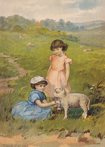 Zwei Mädchen streicheln ein Lamm (Chromolithografie)