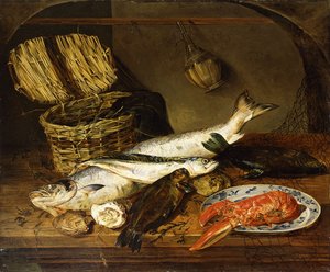 Ein Lachs, eine Makrele, ein Hummer auf einem Teller, ein Weidenkorb, Austern, eine Chianti-Flasche und ein Fischernetz auf einem Holztisch, 1854 von Emily Stannard