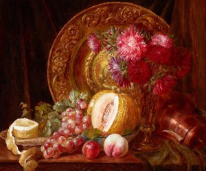 Chrysanthemen, Früchte und Teller