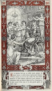 Ballett im Schloss von Fontainebleau, bei dem die Damen des Hofes von König Heinrich II. (1519 - 1559) jeweils eine Wissenschaft oder Kunst darstellen. Gravur von 1914 von Emmanuel Blanche (1880-1946).DR Private Sammlung.