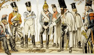 Französische Armee 1810 von links nach rechts: Leichter Lanzenreiter, Husarenreiter, Dragoner von Emmanuel Poire Caran D