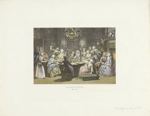 Gesellschaft am Tisch mit Palmknöpfen beschäftigt von Emrik and Binger