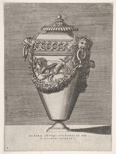 Antike Deckelurne mit einem Motiv aus Diamantringen und Löwen, aus Vasen ..., 1543 oder später