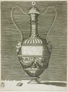 Vase mit zwei grotesken Masken, Tafel sechs aus einer Serie von Vasen nach dem Antiken von Enea Vico