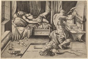 Venus liegend mit Vulkan an seiner Schmiede