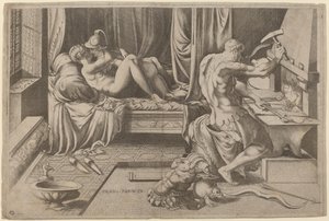 Venus und Mars umarmen sich mit Vulkan an seiner Schmiede von Enea Vico after Parmigianino