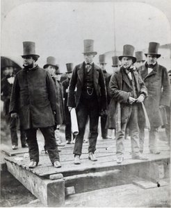 (L bis R) John Scott Russell, Henry Wakefield, Isambard Kingdom Brunel und Lord Derby beim Stapellauf der SS Great Eastern