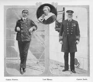 Arthur Henry Rostron, Kapitän der RMS Carpathia, die Titanic-Überlebende rettete (links), Lord Mersey, der die Titanic-Untersuchungskommission leitete (Mitte) und Edward John Smith, Kapitän der Titanic (links) von English Photographer