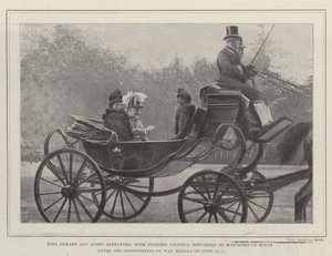 König Edward und Königin Alexandra mit Prinzessin Victoria, Rückkehr zum Marlborough House nach der Verleihung von Kriegsmedaillen am 12. Juni von English Photographer