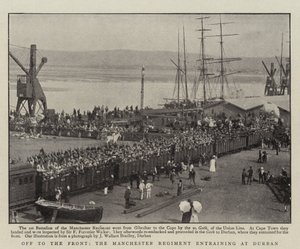 Ab an die Front, das Manchester Regiment beim Einsteigen in Durban von English Photographer