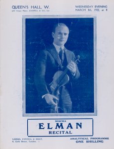 Programm für Mischa Elman Konzert, Queens Hall, am 8. März 1922 von English Photographer