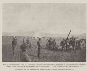 Die 12-Pfünder-Kanonen der HMS Terrible feuern zur Unterstützung der linken Flanke während des Vormarsches der Irish Brigade, um den Übergang des Tugela zu erzwingen, 15. Dezember 1899 von English Photographer