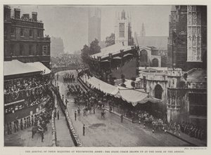 Die Ankunft Ihrer Majestäten in der Westminster Abbey, die Staatskutsche vor der Tür des Anbaus von English Photographer