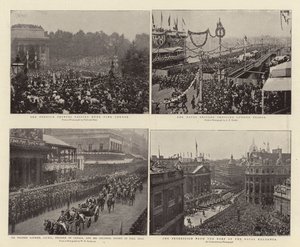 Die ausländischen Prinzen passieren Hyde Park Corner, Sir Wilfrid Laurier, GCMG, Premierminister von Kanada, und die Kolonialeskorte in Pall Mall, die Marinebrigade überquert die London Bridge, die Prozession vom Dach des von English Photographer