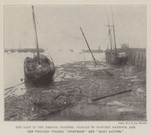 Der Sturm im Bristolkanal, Schäden am Watchet-Hafen und die gestrandeten Schiffe Josephine und Mary Lauder von English Photographer