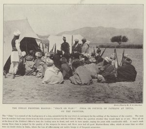 Die indischen Grenzaufstände, Frieden oder Krieg? Jirga oder Rat der Pathanen in Thull, an der Grenze von English Photographer