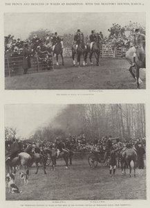 Der Prinz und die Prinzessin von Wales in Badminton, mit den Beaufort-Hunden, 4. März