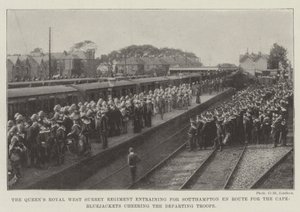 Das Queens Royal West Surrey Regiment auf dem Weg nach Southampton zum Kap, Matrosen jubeln den abreisenden Truppen zu von English Photographer