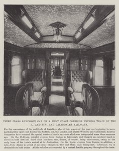 Dritte Klasse Speisewagen in einem Westküsten-Korridor-Expresszug der L und NW und Caledonian Railways