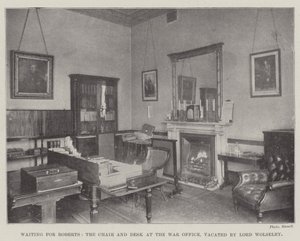 Warten auf Roberts, der Stuhl und Schreibtisch im Kriegsministerium, von Lord Wolseley geräumt von English Photographer