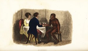 Niederländisches Paar aus dem 18. Jahrhundert trinkt Wein mit einem Bornean-Orang-Utan am Esstisch von English School