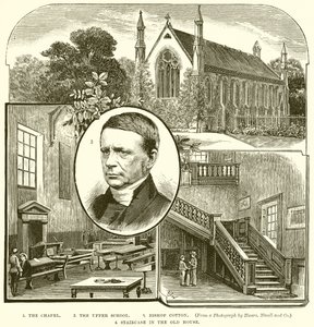 1. Die Kapelle. 2. Die Oberschule. 3. Bischof Cotton. 4. Treppe im alten Haus von English School