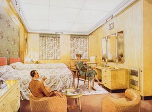 Ein Schlafzimmer an Bord der RMS Caronia, ca. 1950