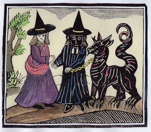 Eine schwarze und eine weiße Hexe mit einem Teufelstier, Illustration aus einer Sammlung von Chapbooks über Esoterik (spätere Kolorierung)