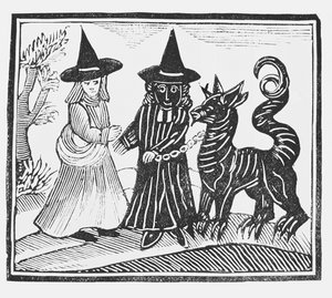 Eine schwarze und eine weiße Hexe mit einem Teufelstier, Illustration aus einer Sammlung von Heftromanen über Esoterik
