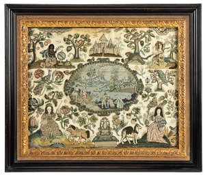 Ein Charles II Stickbild von Afrika und der Neuen Welt, ca. 1660-70