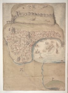 Ein farbiger Plan oder Vogelperspektive von Scarborough Town und Castle von English School