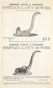 Ein Cottage und Simplex Rasenmäher, Illustration aus einem Gartenkatalog, veröffentlicht von Barnard Bishop & Barnard, 1878 von English School