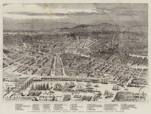 Eine Gesamtansicht von Belfast, Ulster, die wichtigste Industriestadt Irlands (Gravur) von English School