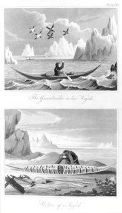 Ein Grönländer und sein Kajak, aus Geschichte von Grönland von David Crantz, 1820
