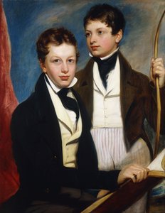 Eine Gruppenporträt der Musgrave Morris Jungen, einer sitzt halblang in einer dunklen Jacke und hält ein Buch, der andere steht dreiviertellang in einer dunklen Jacke und hält einen Bogen, um 1830