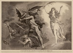 Eine Hoffnung für das neue Jahr, der Geist des Friedens vertreibt die Dämonen des Krieges (Gravur) von English School