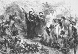 Ein Jesuitenmissionar predigt einem Indianerstamm, Illustration aus Die Geschichte des Protestantismus von James Aitken Wylie, veröffentlicht 1878
