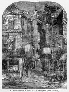 Eine Londoner Straße an einem Regentag, in den Tagen von Königin Elizabeth, Illustration aus 