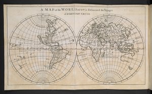 Eine Weltkarte, auf der die Reisen von Robinson Crusoe dargestellt sind