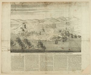 Eine perspektivische Zeichnung der Stadt, des Hafens und der Festungen von Cartagena im Jahr 1739, veröffentlicht 1741 (Kupferstich)