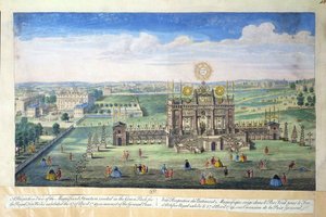 Perspektivische Ansicht der prächtigen Struktur, die im Green Park für das königliche Feuerwerk errichtet wurde, 1749 von English School