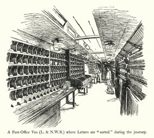 Ein Postwagen, L und NWR, wo Briefe während der Fahrt sortiert werden (Lithographie) von English School