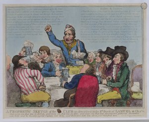 Eine prophetische Skizze des Clubs, wie im 1. Buch Samuel, Kapitel 22, Vers 2 beschrieben, veröffentlicht von S.W. Fores, 1799 (farbige Radierung) von English School