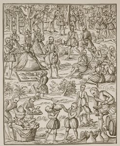 Ein königliches Picknick, Platte aus Noble Art of Venerie and Hunting von George Turberville, 1575