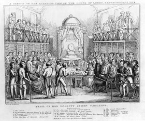 Eine Skizze der Innenansicht des House of Lords, die den Prozess von Königin Caroline darstellt, veröffentlicht 1820 von English School