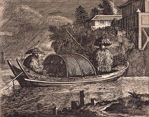 Ein kleines chinesisches Flussboot im Regen, Illustration aus einer Beschreibung der Botschaften nach China von English School