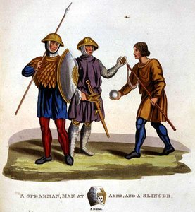 Ein Speerkämpfer, ein Mann in Rüstung und ein Schleuderer