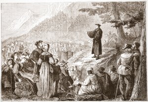 Ein Schweizer Reformator predigt seiner Herde im Freien, Illustration aus Die Geschichte des Protestantismus von James Aitken Wylie, veröffentlicht 1878