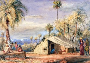 Eine Toddy-Ziehhütte in einem Hain von Dattelpalmen, Bombay Präsidentschaft, Indien von English School