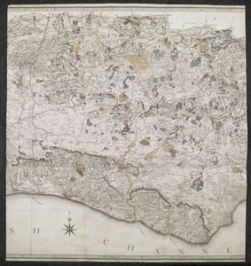 Eine topographische Karte der Grafschaft Sussex, unterteilt in Rapes, Deanries und Hundreds. Geplant nach einer tatsächlichen Vermessung im Maßstab von einem Zoll pro Meile von English School